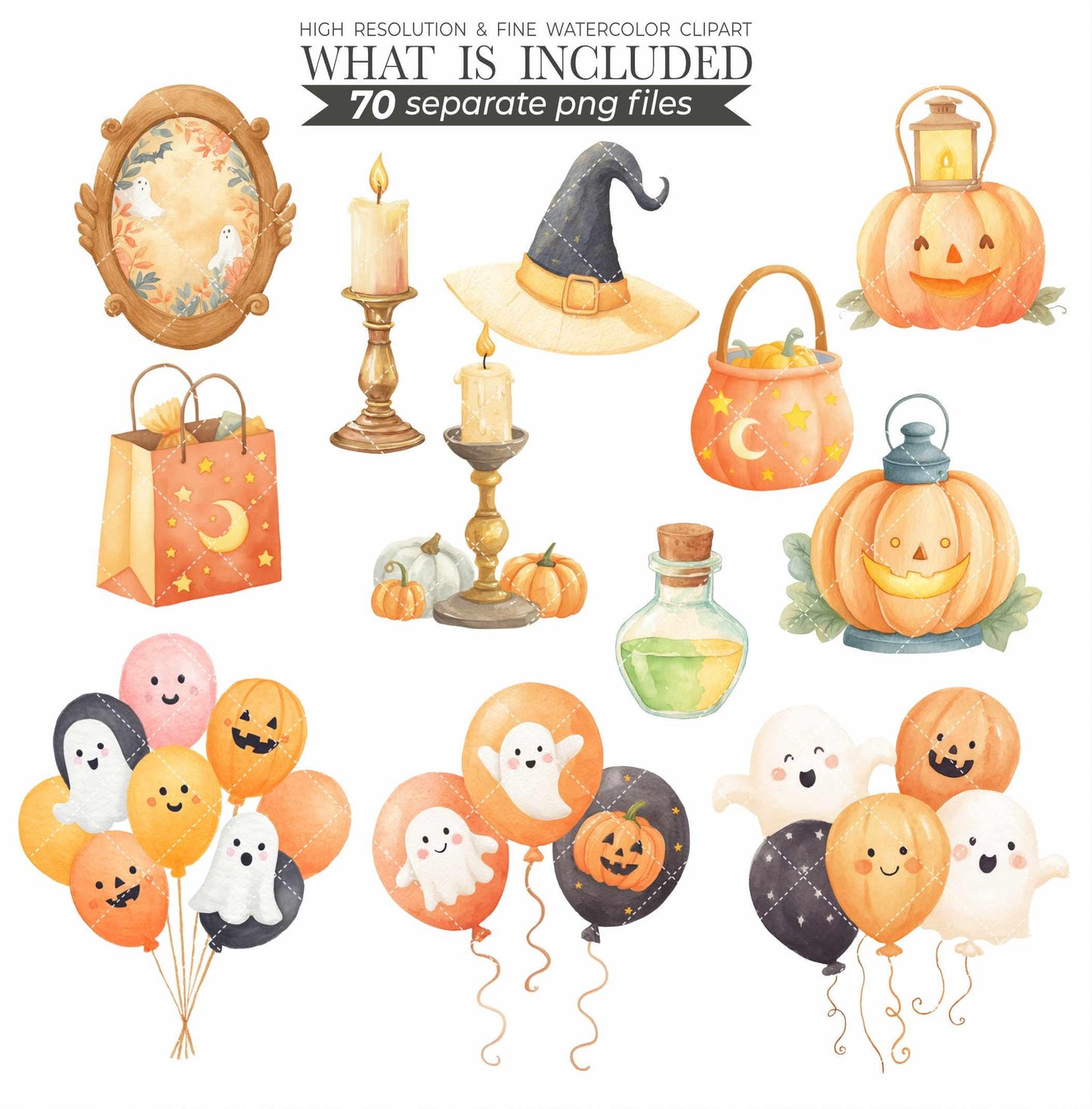 Woodland Halloween Clipart: Watercolor Forest Animals, Ghosts (PNG Digital Download