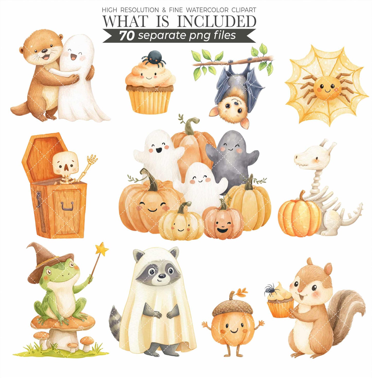 Woodland Halloween Clipart: Watercolor Forest Animals, Ghosts (PNG Digital Download