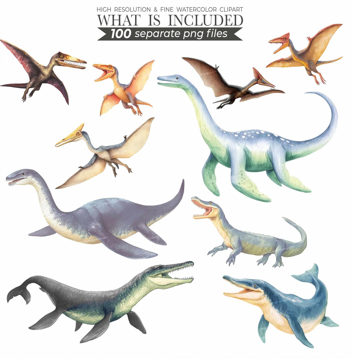 Watercolor Dinosaur Clipart Bundle: Prehistoric Art, 200 PNGs (Digital Download)