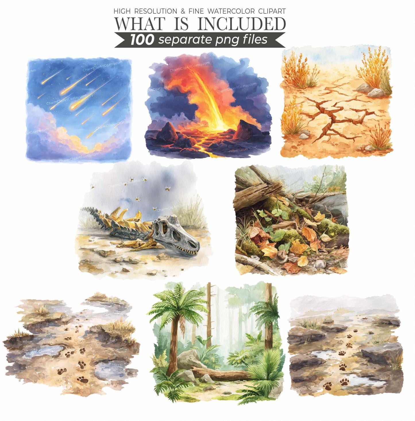 Watercolor Dinosaur Clipart Bundle: Prehistoric Art, 200 PNGs (Digital Download)