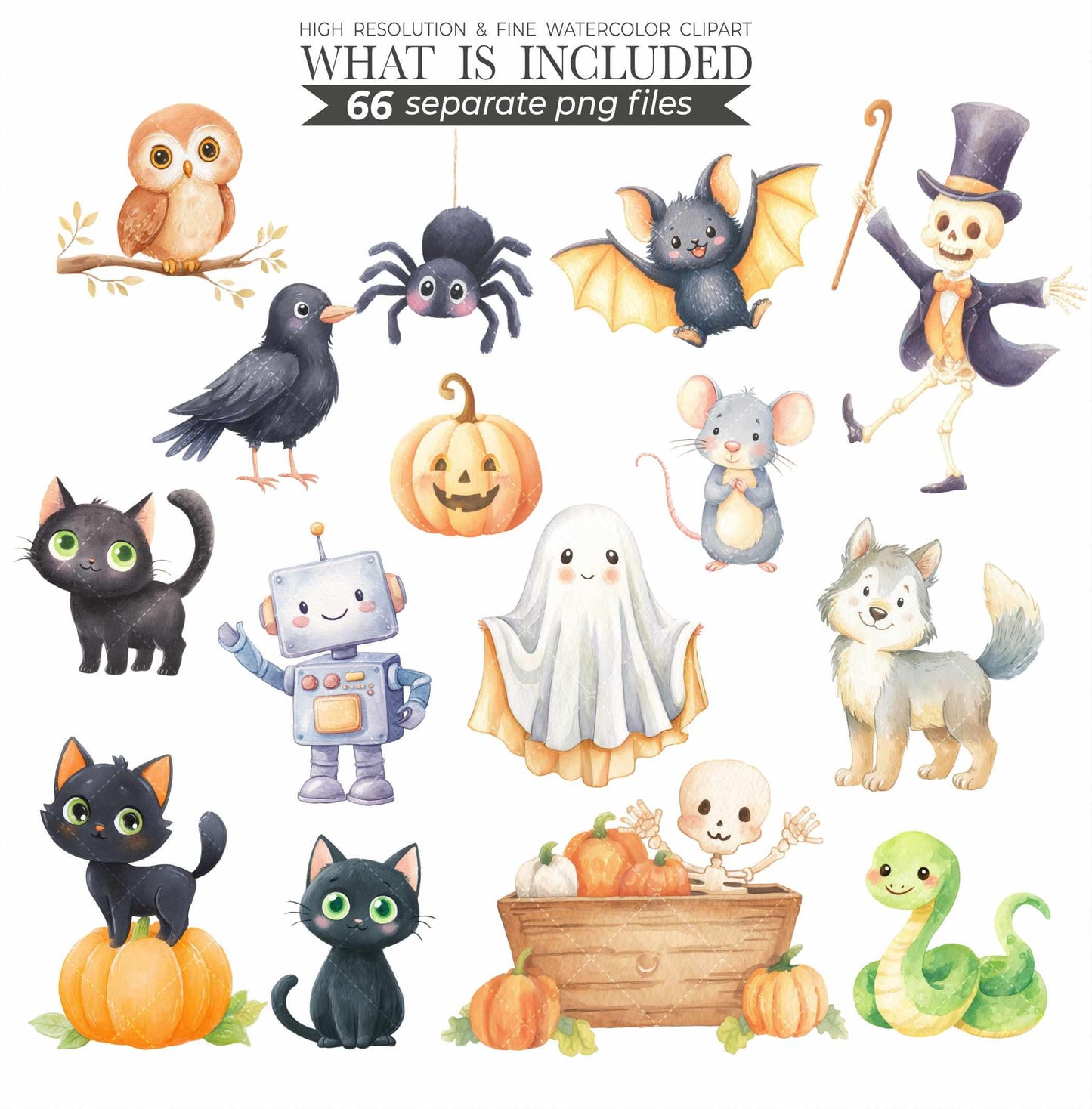 Watercolor Halloween Clipart Bundle: Pastel Ghost, Pumpkin, Mummy, Trick or Treat  (PNG Digital Download)