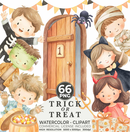 Watercolor Halloween Clipart Bundle: Pastel Ghost, Pumpkin, Mummy, Trick or Treat  (PNG Digital Download)