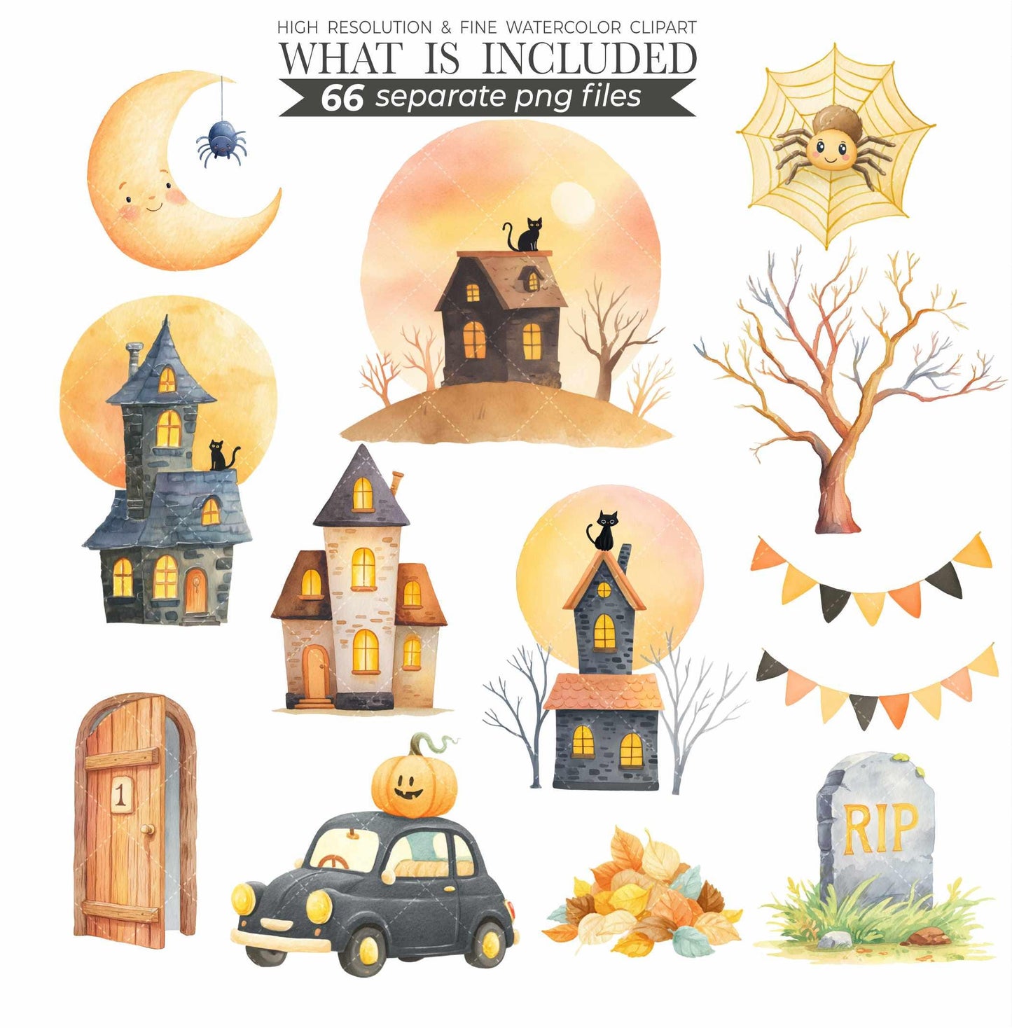 Watercolor Halloween Clipart Bundle: Pastel Ghost, Pumpkin, Mummy, Trick or Treat  (PNG Digital Download)