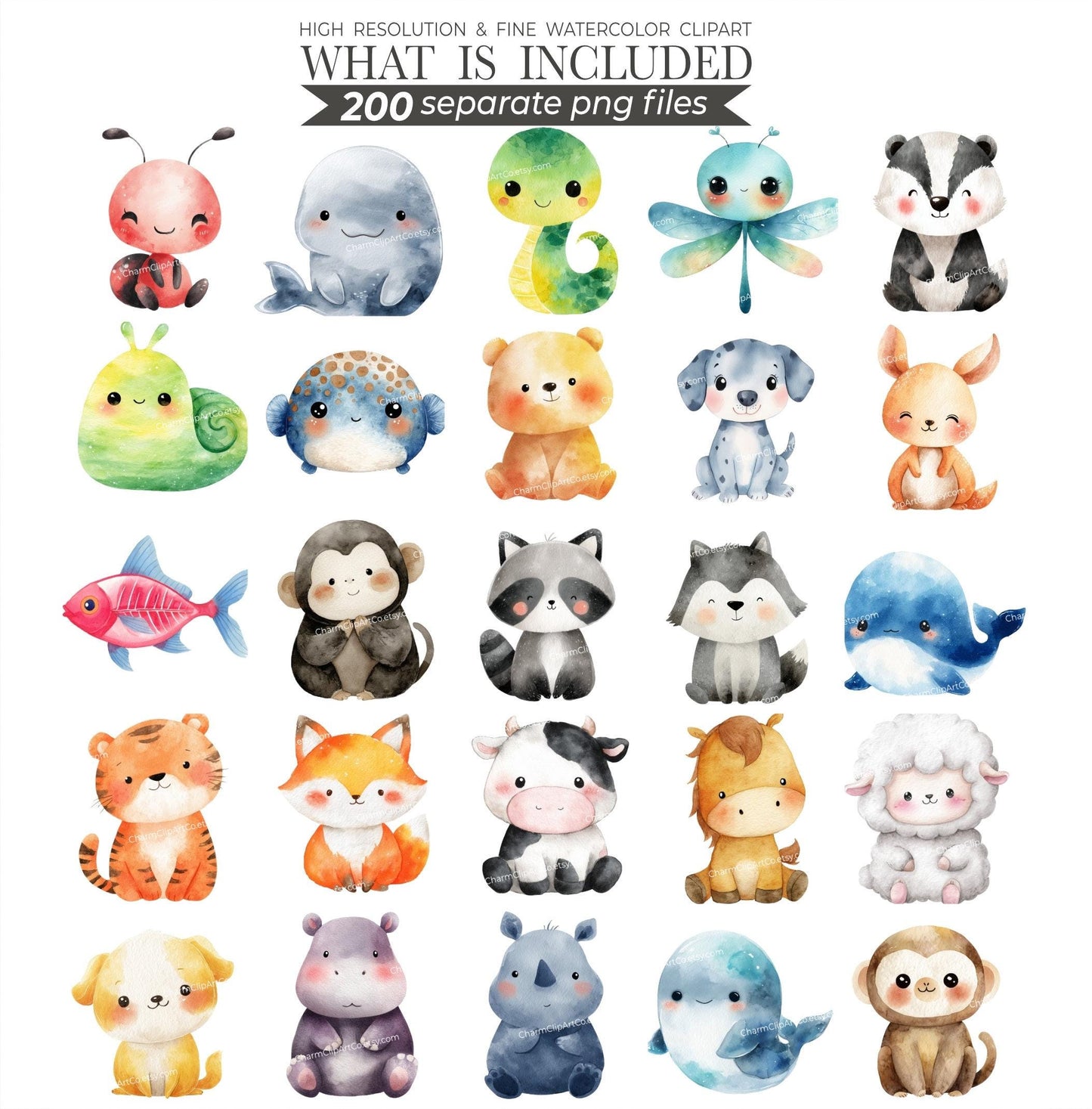 Watercolor Cute Animals Clipart 200 Cute Animal PNG Watercolor Animals Cute baby Animal Bundle Baby Animals Printable Animals Clipart Bundle