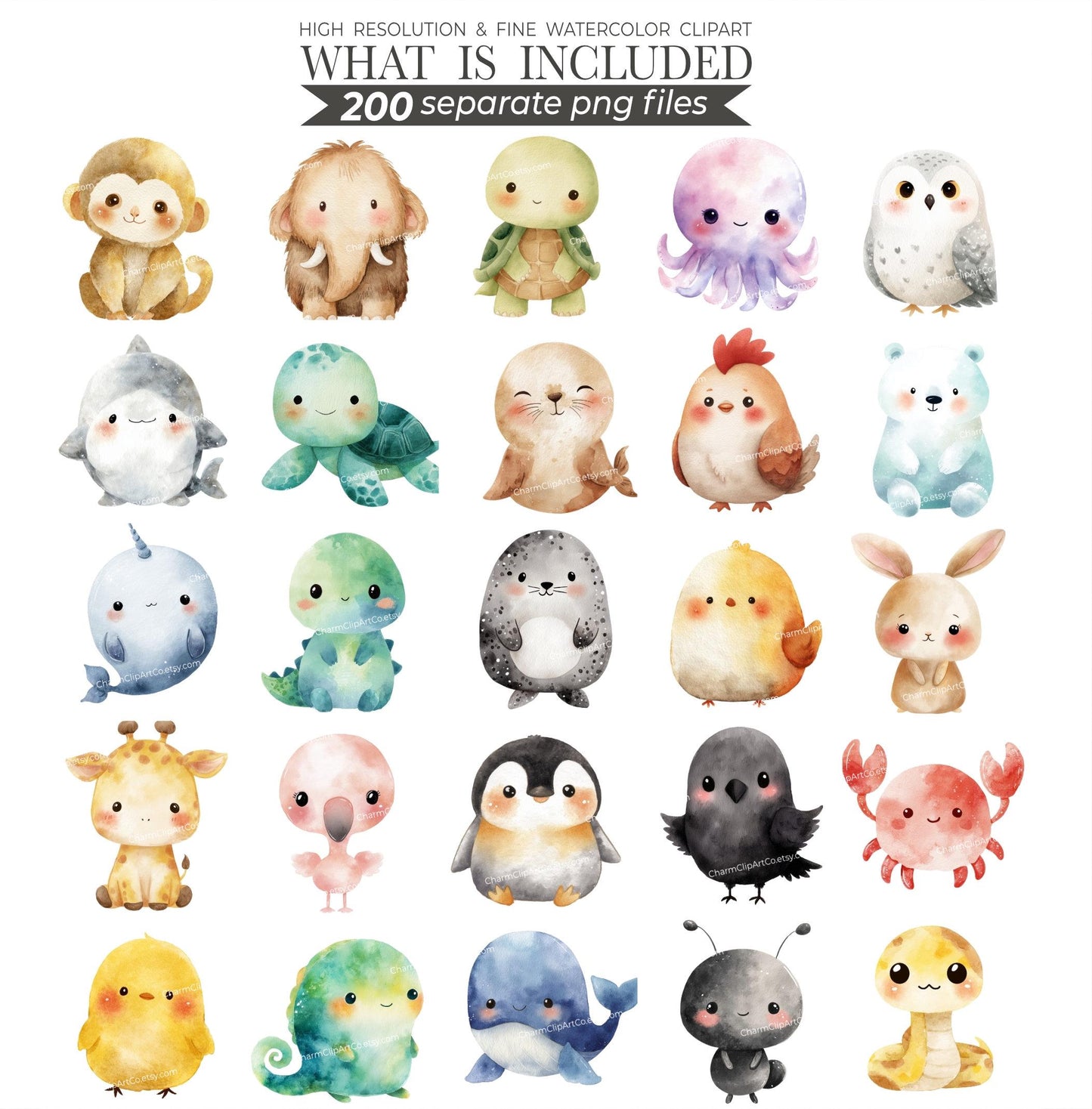 Watercolor Cute Animals Clipart 200 Cute Animal PNG Watercolor Animals Cute baby Animal Bundle Baby Animals Printable Animals Clipart Bundle