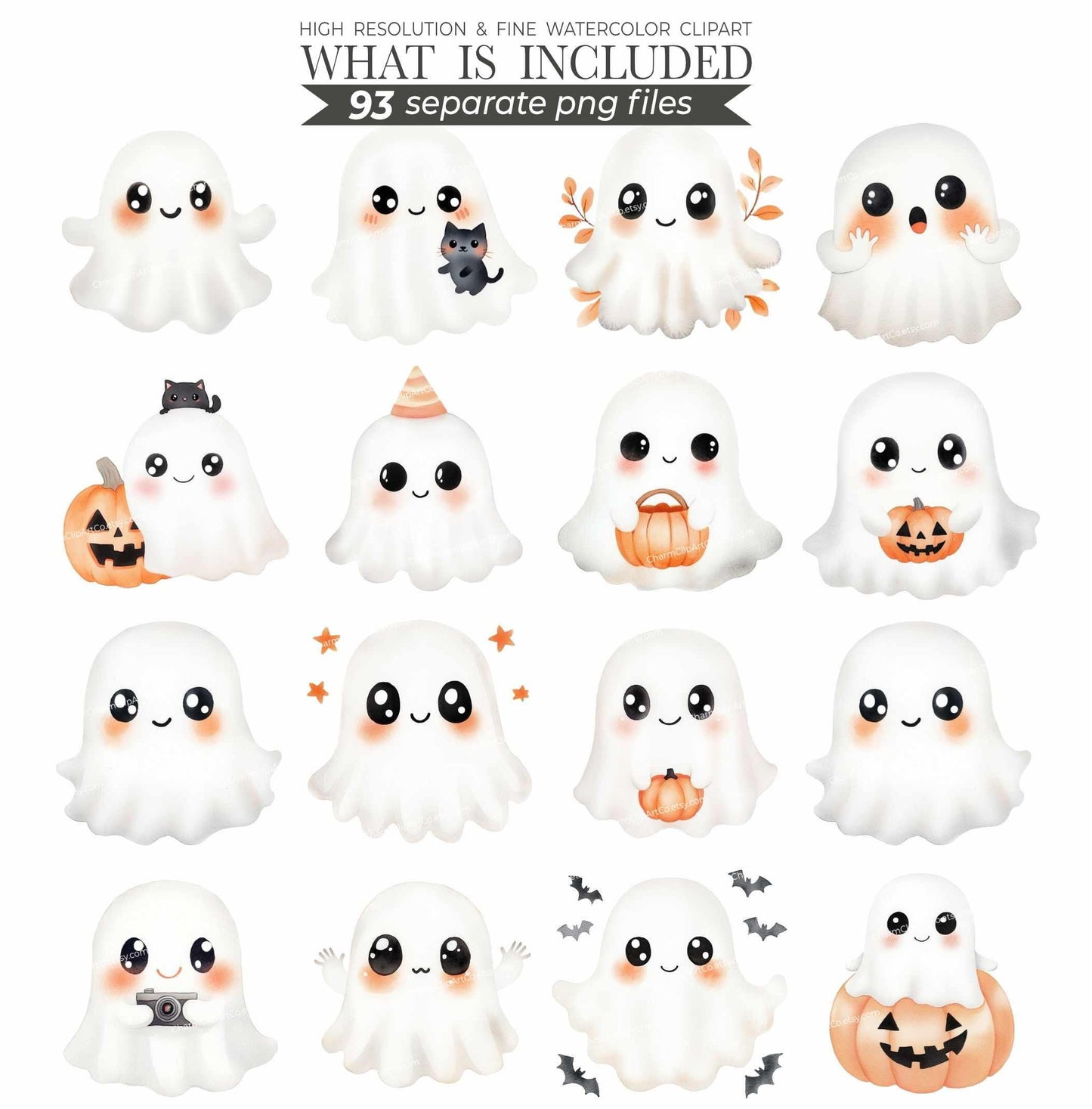 Watercolor Cute Halloween Clipart Bundle, Spooky Ghosts Clip Art, Pumpkin Clipart, Kids Halloween PNG, Cute Little Ghost