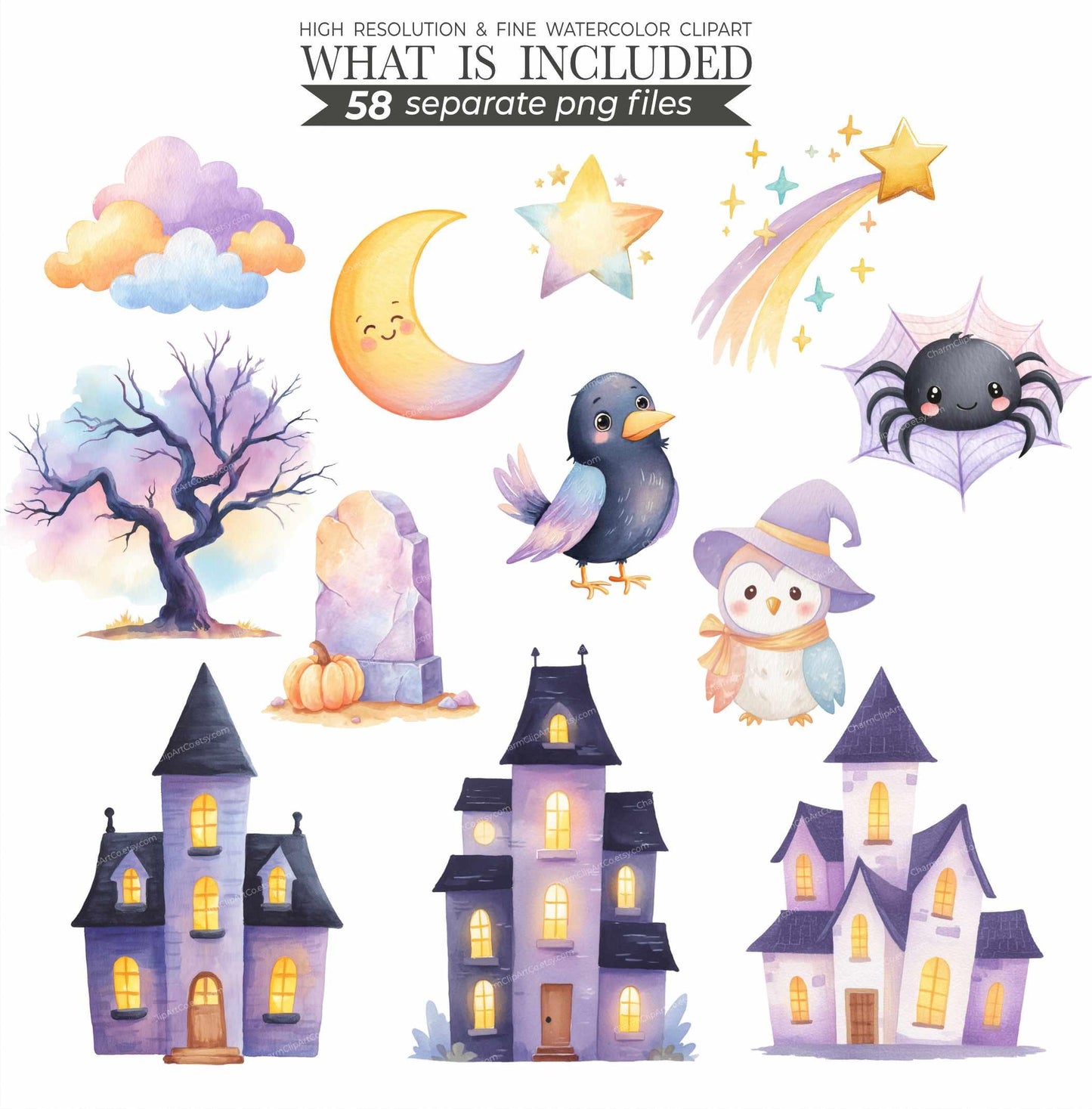 Cute Halloween Clipart - Watercolor - Kawaii Png - Ghost - Frankenstein - Vampire - Halloween Png - Kid's Clipart Bundle - Commercial Use