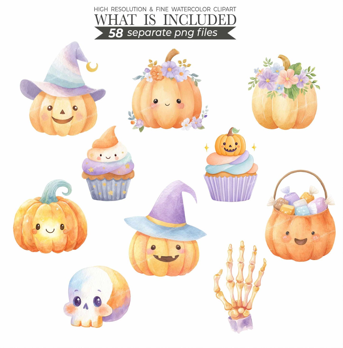 Cute Halloween Clipart - Watercolor - Kawaii Png - Ghost - Frankenstein - Vampire - Halloween Png - Kid's Clipart Bundle - Commercial Use