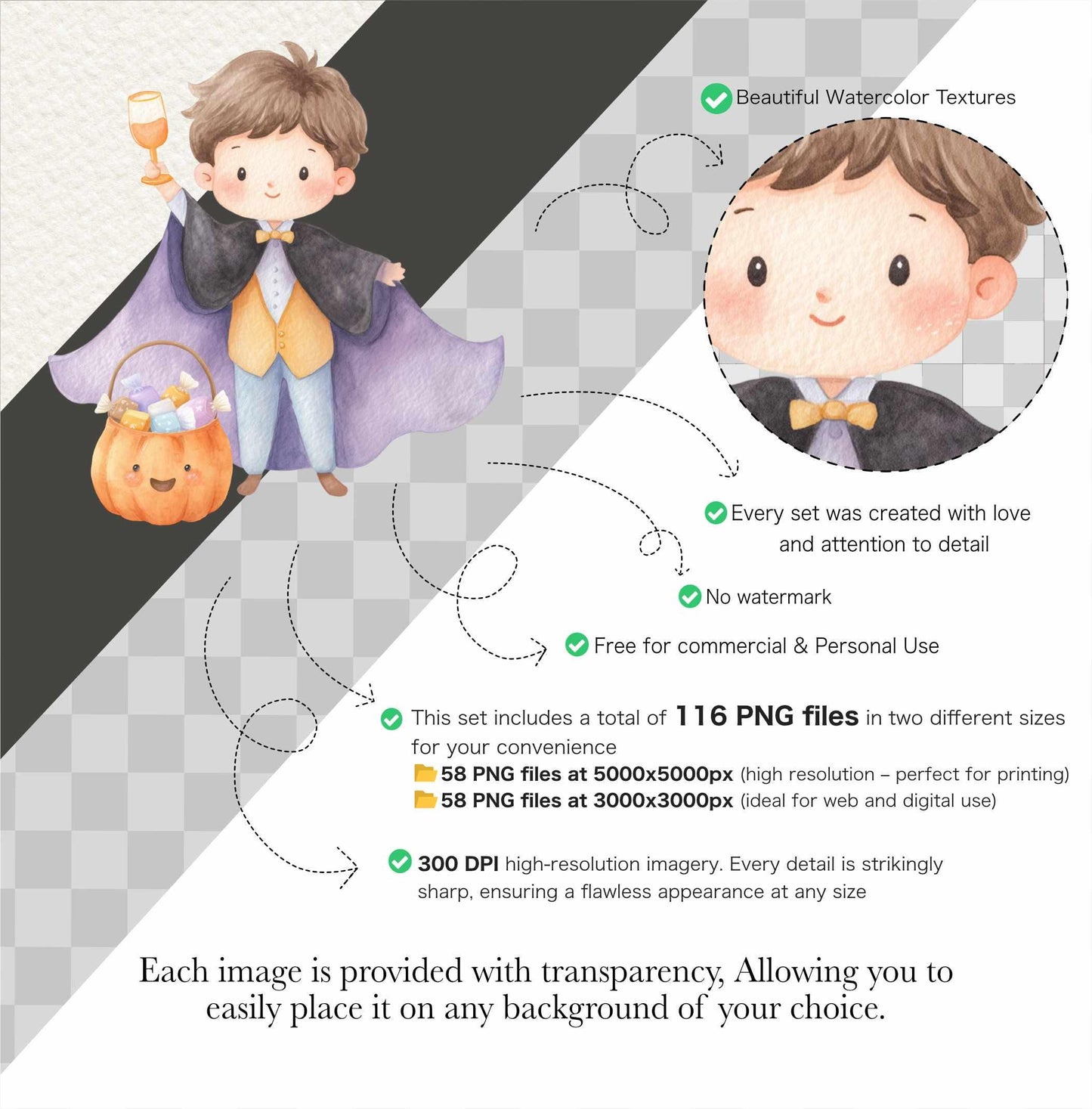 Cute Halloween Clipart - Watercolor - Kawaii Png - Ghost - Frankenstein - Vampire - Halloween Png - Kid's Clipart Bundle - Commercial Use