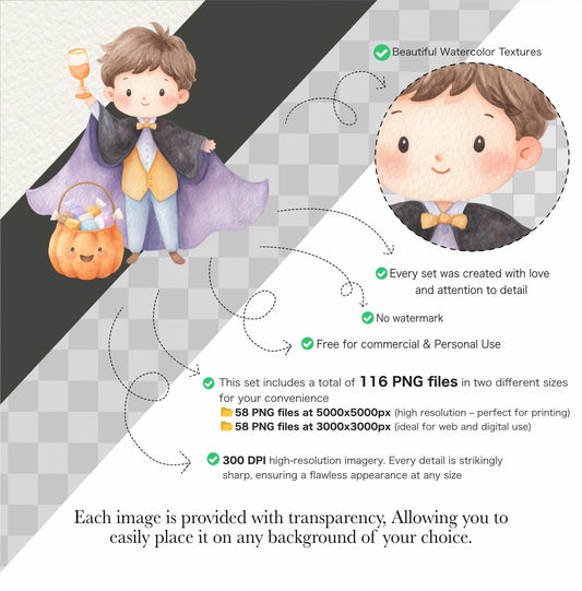 Cute Halloween Clipart - Watercolor - Kawaii Png - Ghost - Frankenstein - Vampire - Halloween Png - Kid's Clipart Bundle - Commercial Use