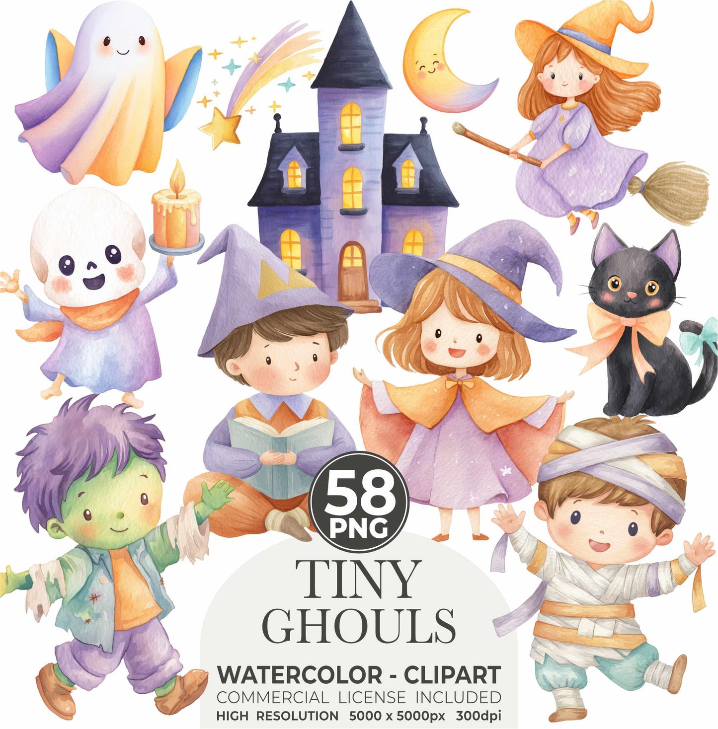 Cute Halloween Clipart - Watercolor - Kawaii Png - Ghost - Frankenstein - Vampire - Halloween Png - Kid's Clipart Bundle - Commercial Use