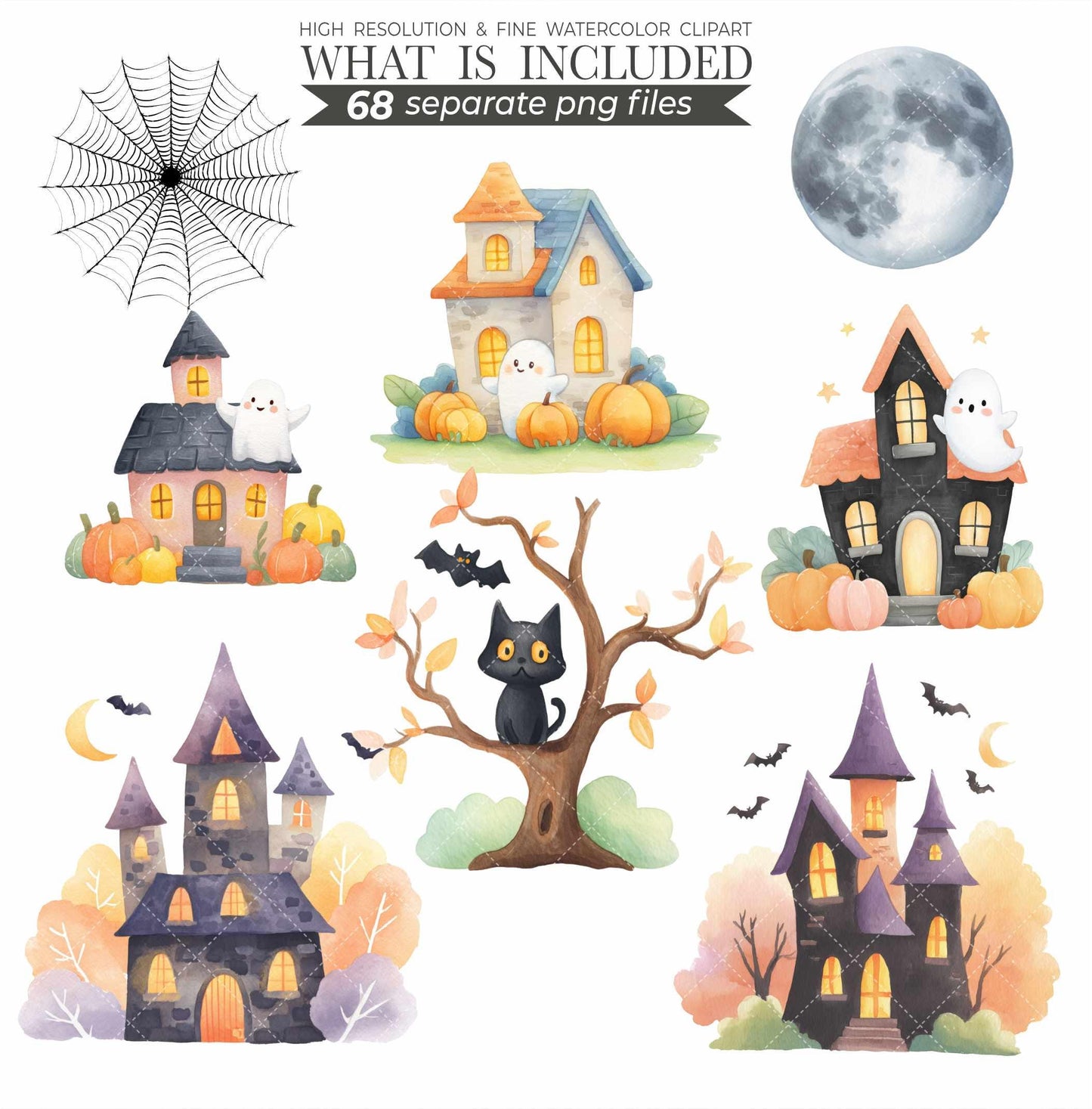 Watercolor Halloween Clipart Bundle: Pastel Ghosts, Pumpkins (PNG Digital Download)