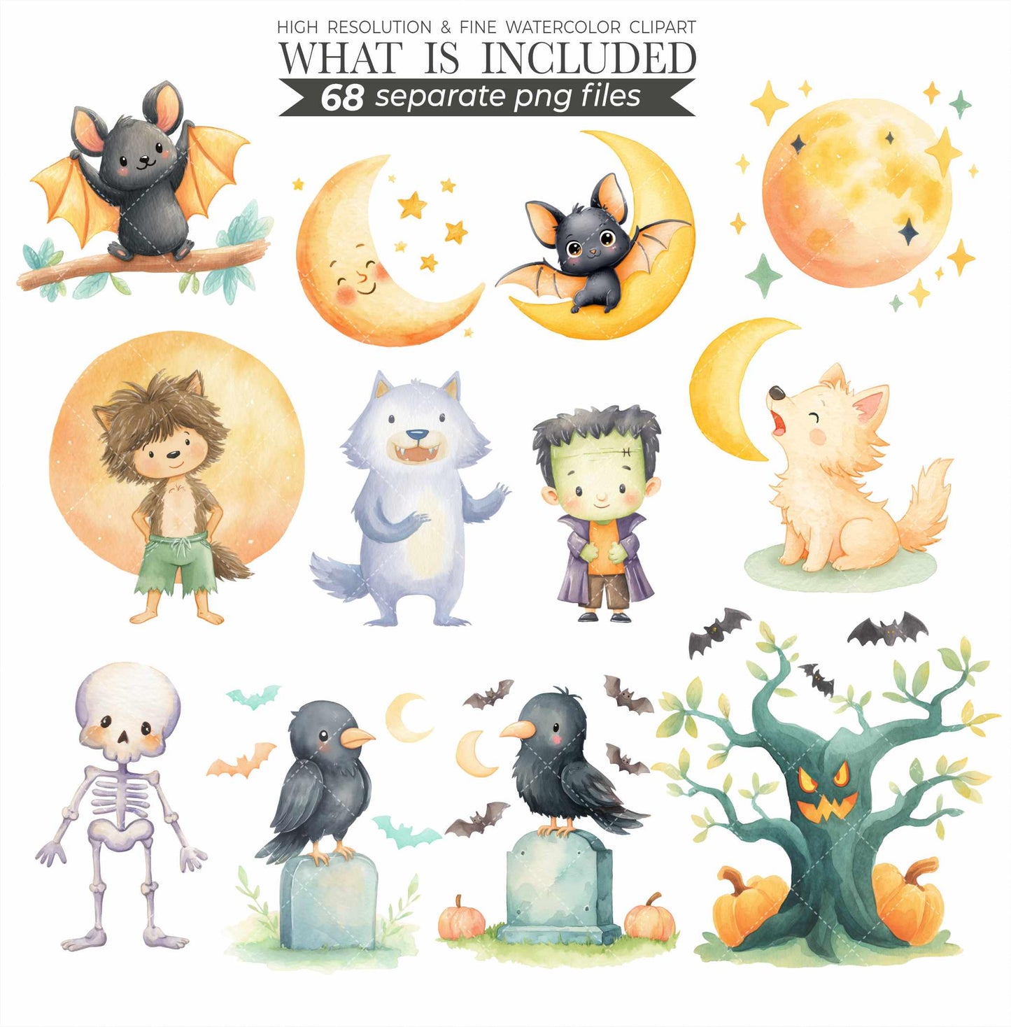 Watercolor Halloween Clipart Bundle: Pastel Ghosts, Pumpkins (PNG Digital Download)