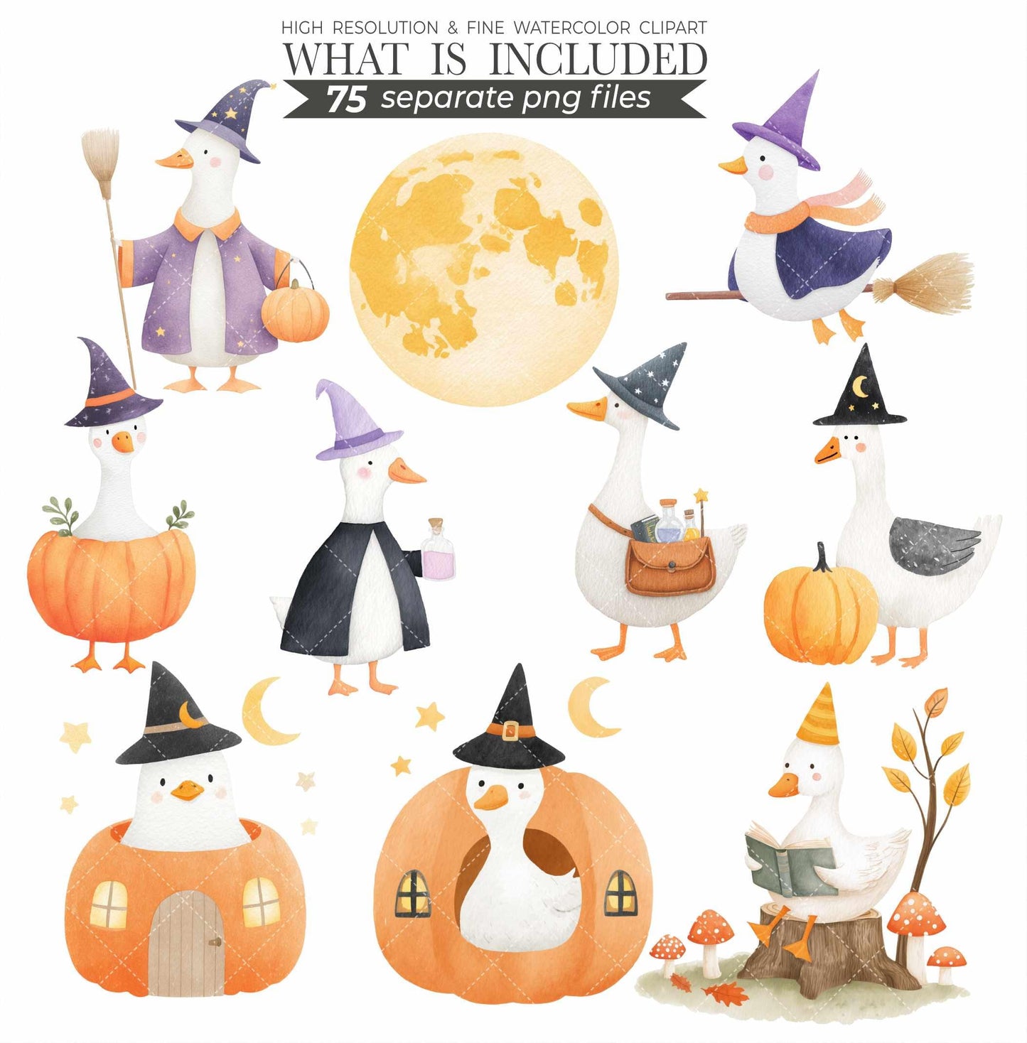 Witchy Goose Halloween Clipart Set: Pastel Costume Parade (PNG Files, Digital Download