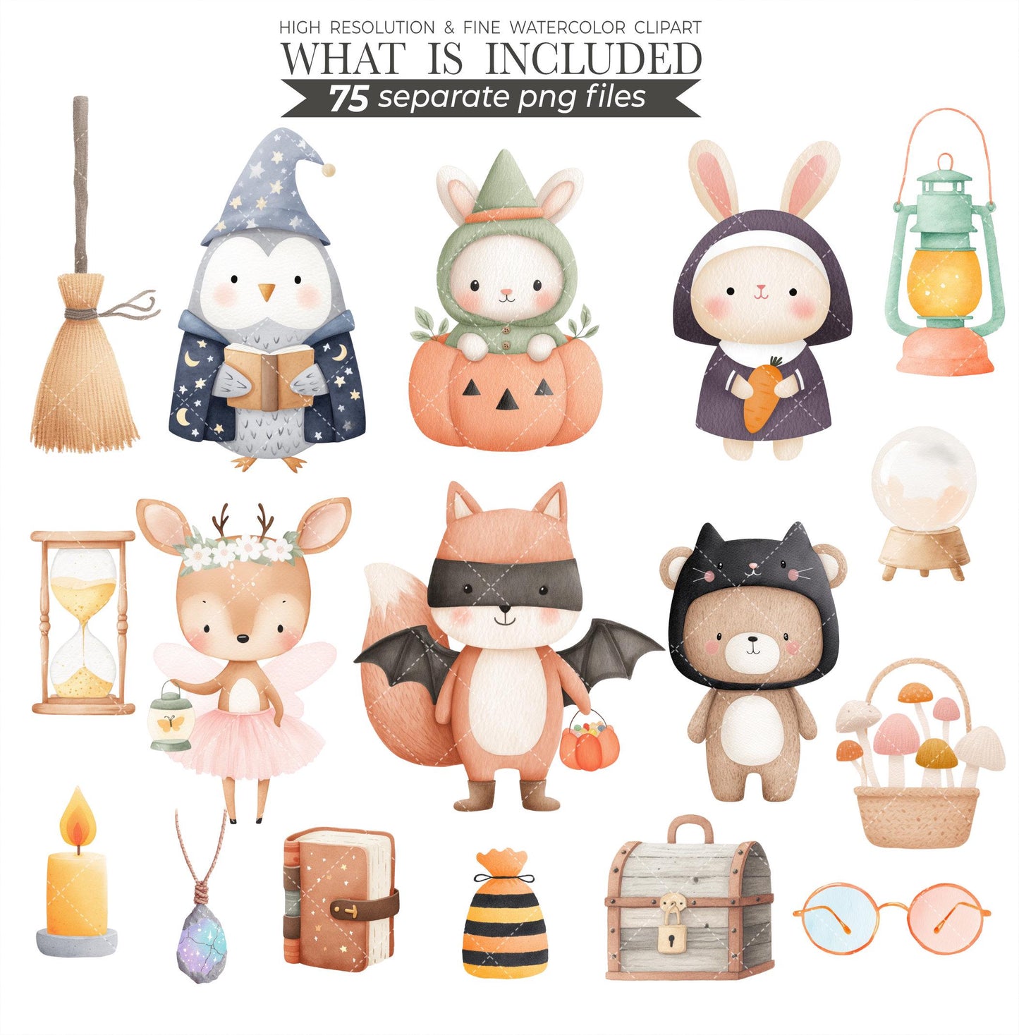 Halloween Woodland Animals Clipart: Watercolor Nursery Art (Digital Download)