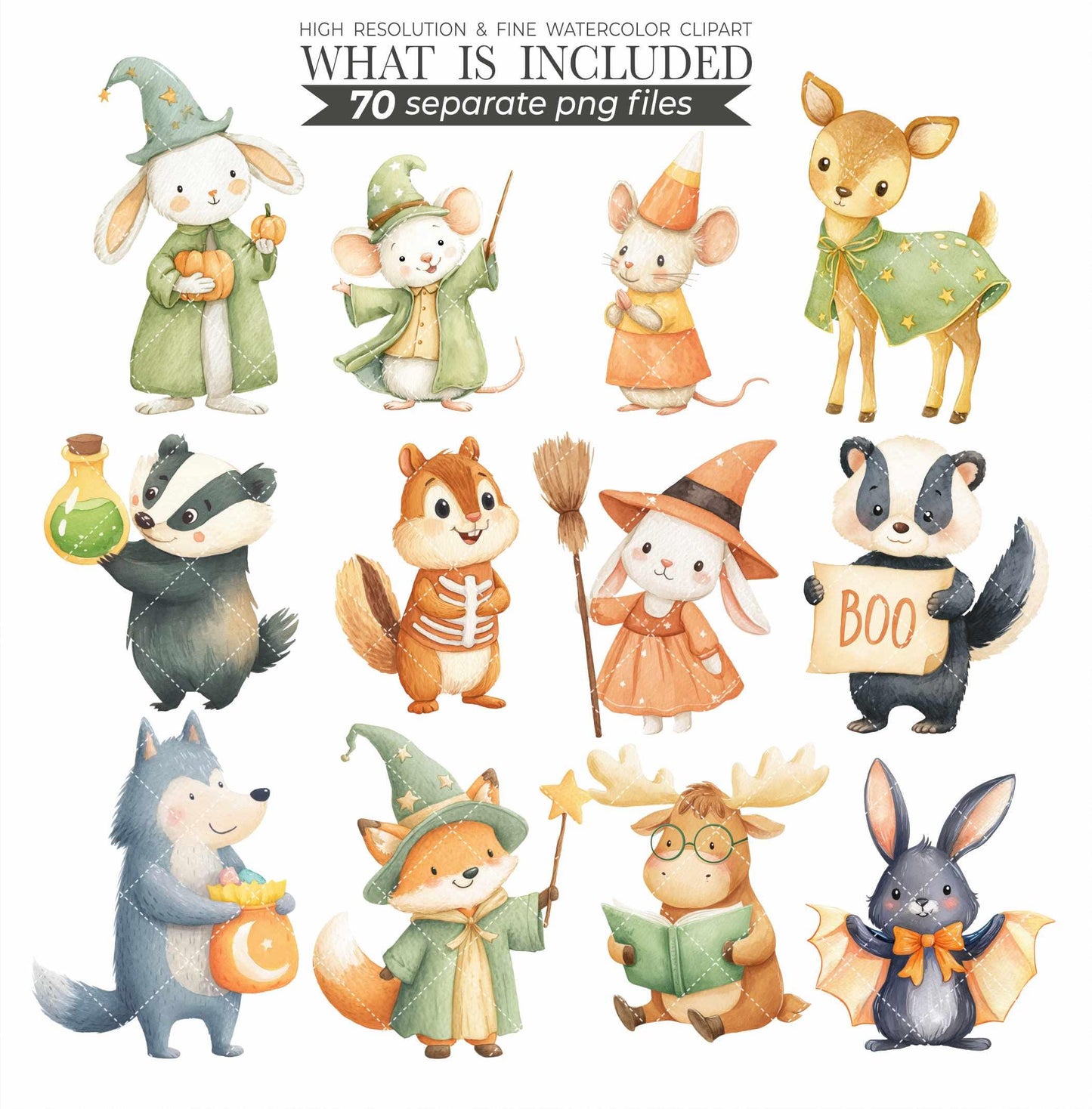 Woodland Halloween Clipart: Watercolor Forest Animals, Ghosts (PNG Digital Download
