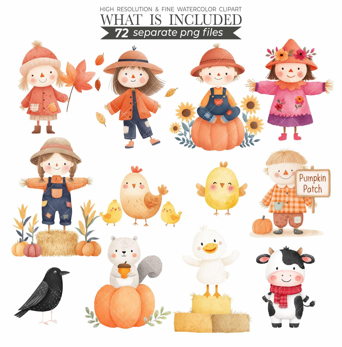 Watercolor Scarecrow Clipart Set: Fall Harvest Illustrations (PNG Files, Commercial Use)