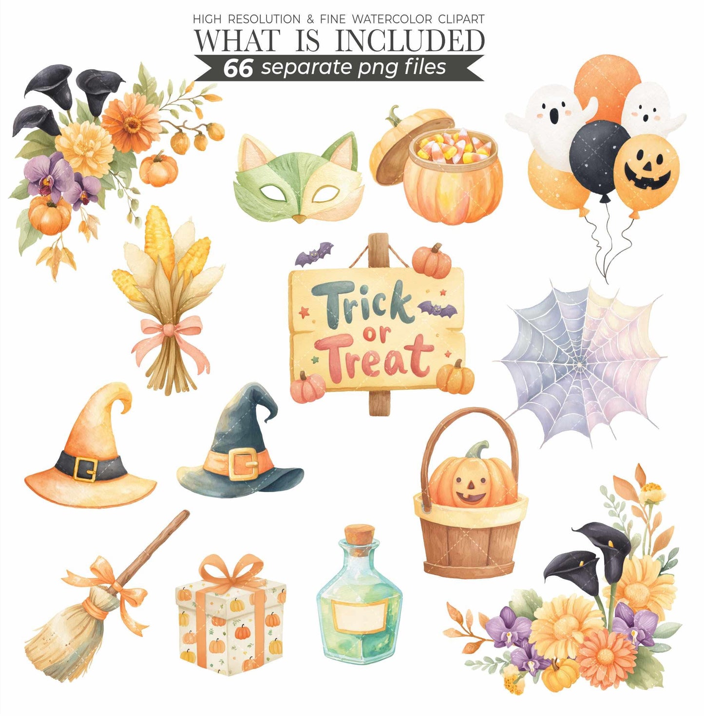 Watercolor Halloween Clipart Bundle: Pastel Ghost, Pumpkin, Mummy, Trick or Treat  (PNG Digital Download)