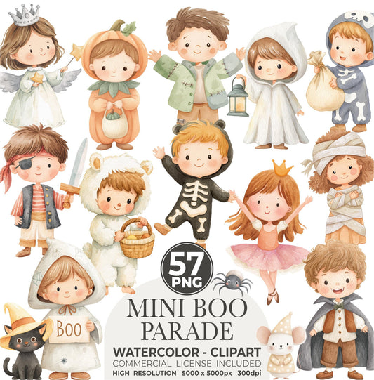 Watercolor Halloween Clipart Bundle: Pastel Ghosts, Pumpkins,  Halloween Kids  (Digital Download, 114 PNGs)