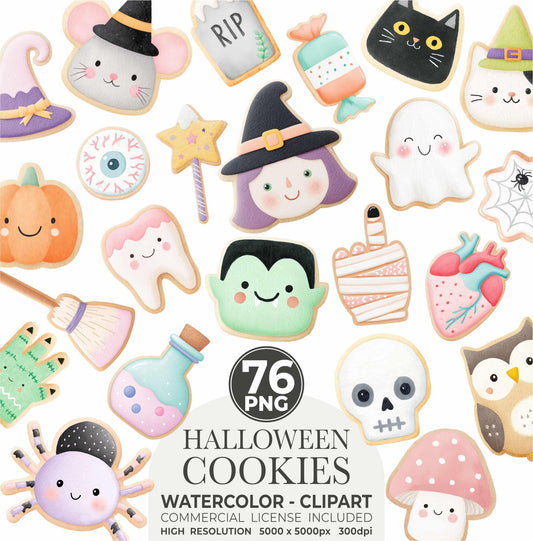 Halloween Cookie Clipart: Watercolor Autumn Desserts, Kawaii PNG (Commercial Use)