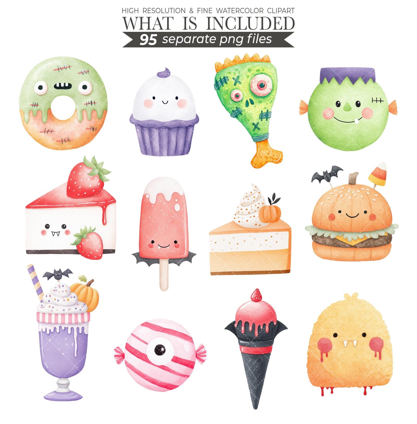 Halloween Treats Clipart: Watercolor Cookies, Ghost, Pumpkin (PNG Digital Download)