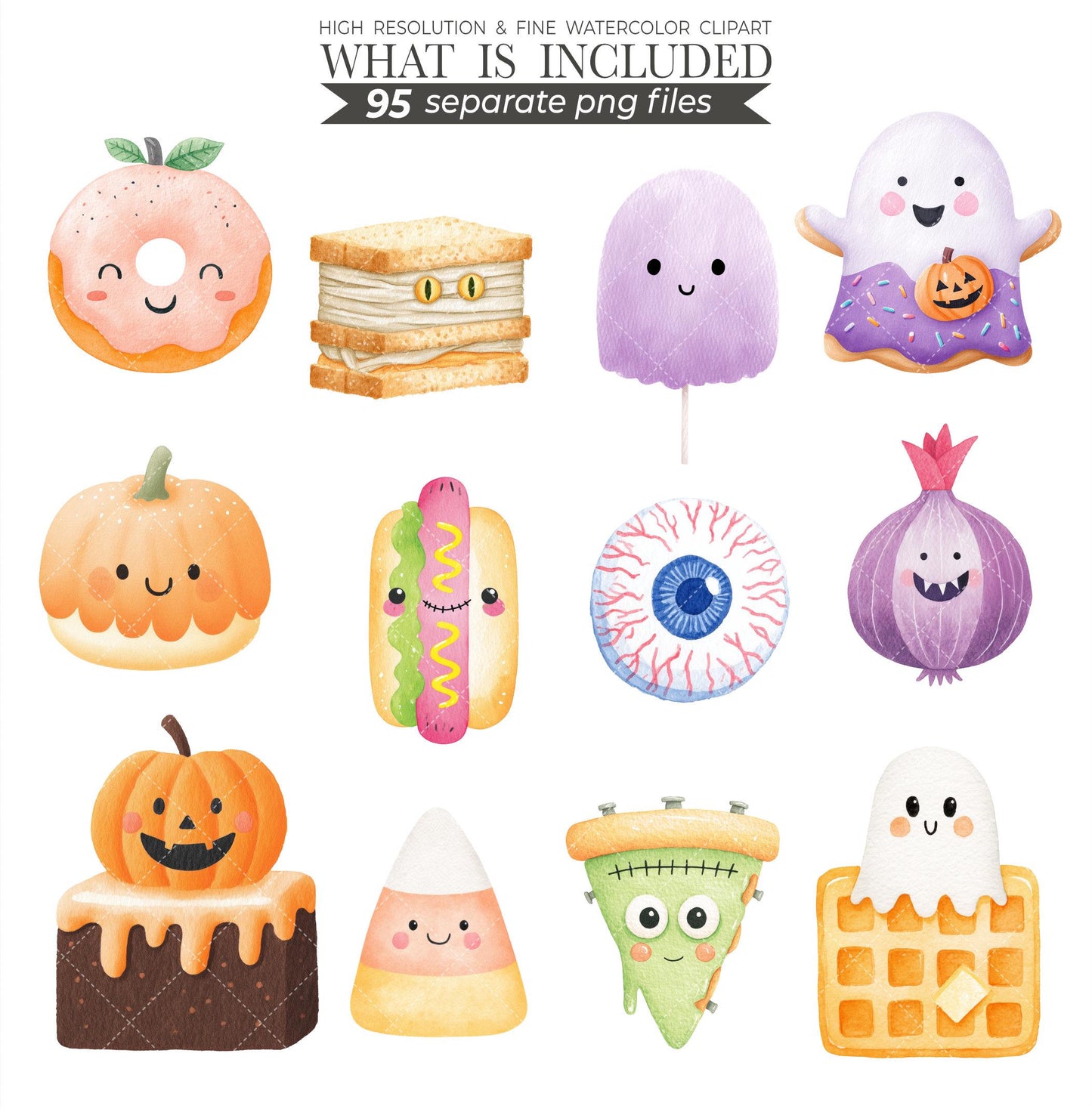 Halloween Treats Clipart: Watercolor Cookies, Ghost, Pumpkin (PNG Digital Download)