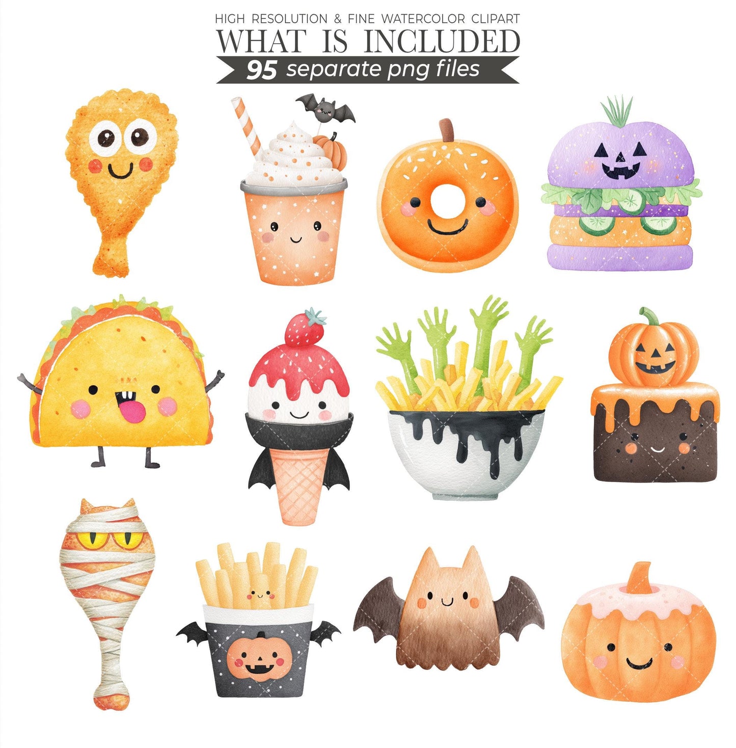 Halloween Treats Clipart: Watercolor Cookies, Ghost, Pumpkin (PNG Digital Download)