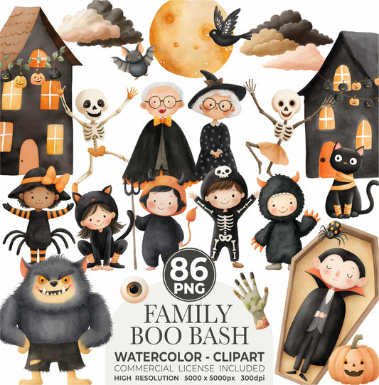 Cute Halloween Clipart Whimsical Watercolor Commercial Use Halloween Party Spooky Season Gothic Kids Skeletons Haunted House Sublimation PNG