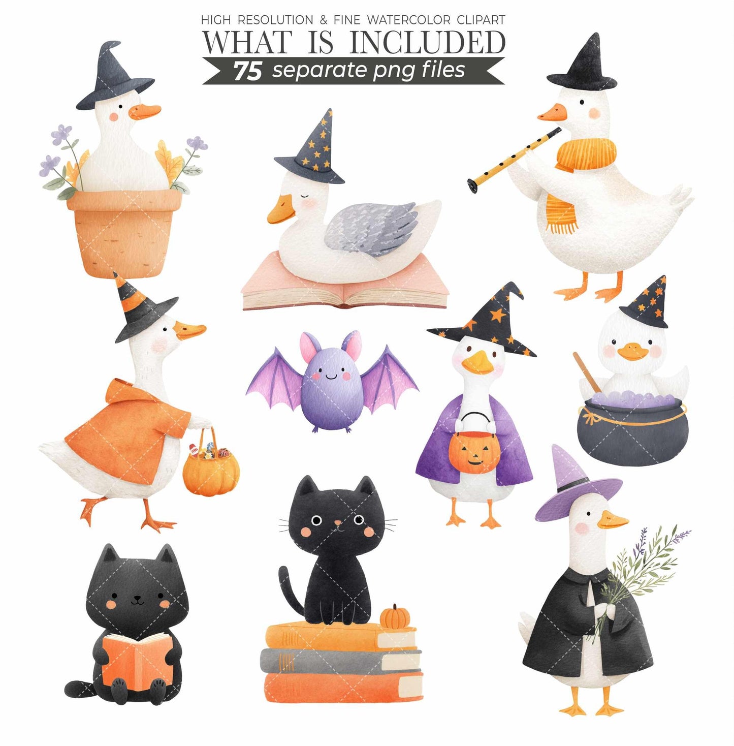 Witchy Goose Halloween Clipart Set: Pastel Costume Parade (PNG Files, Digital Download