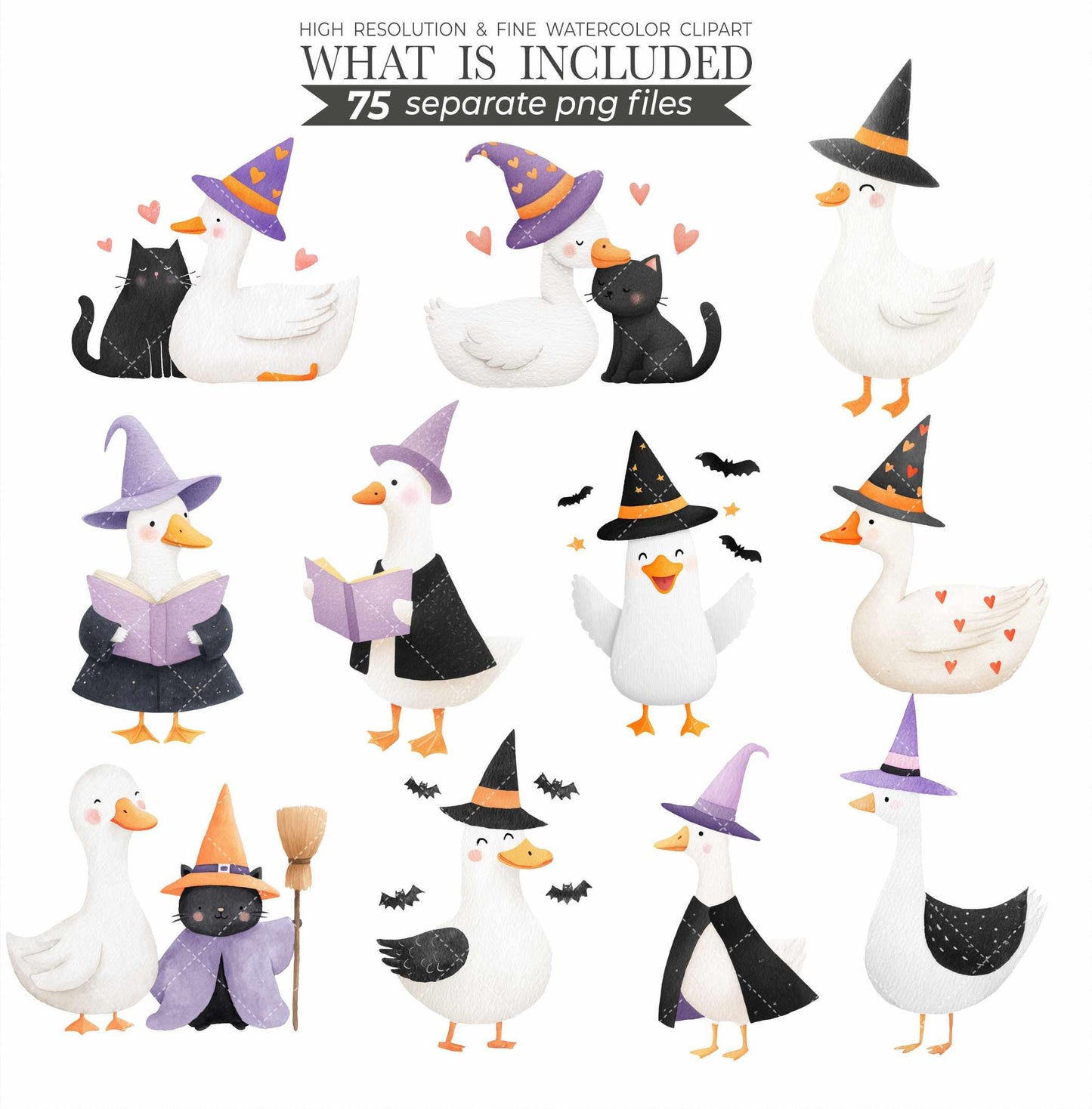 Witchy Goose Halloween Clipart Set: Pastel Costume Parade (PNG Files, Digital Download