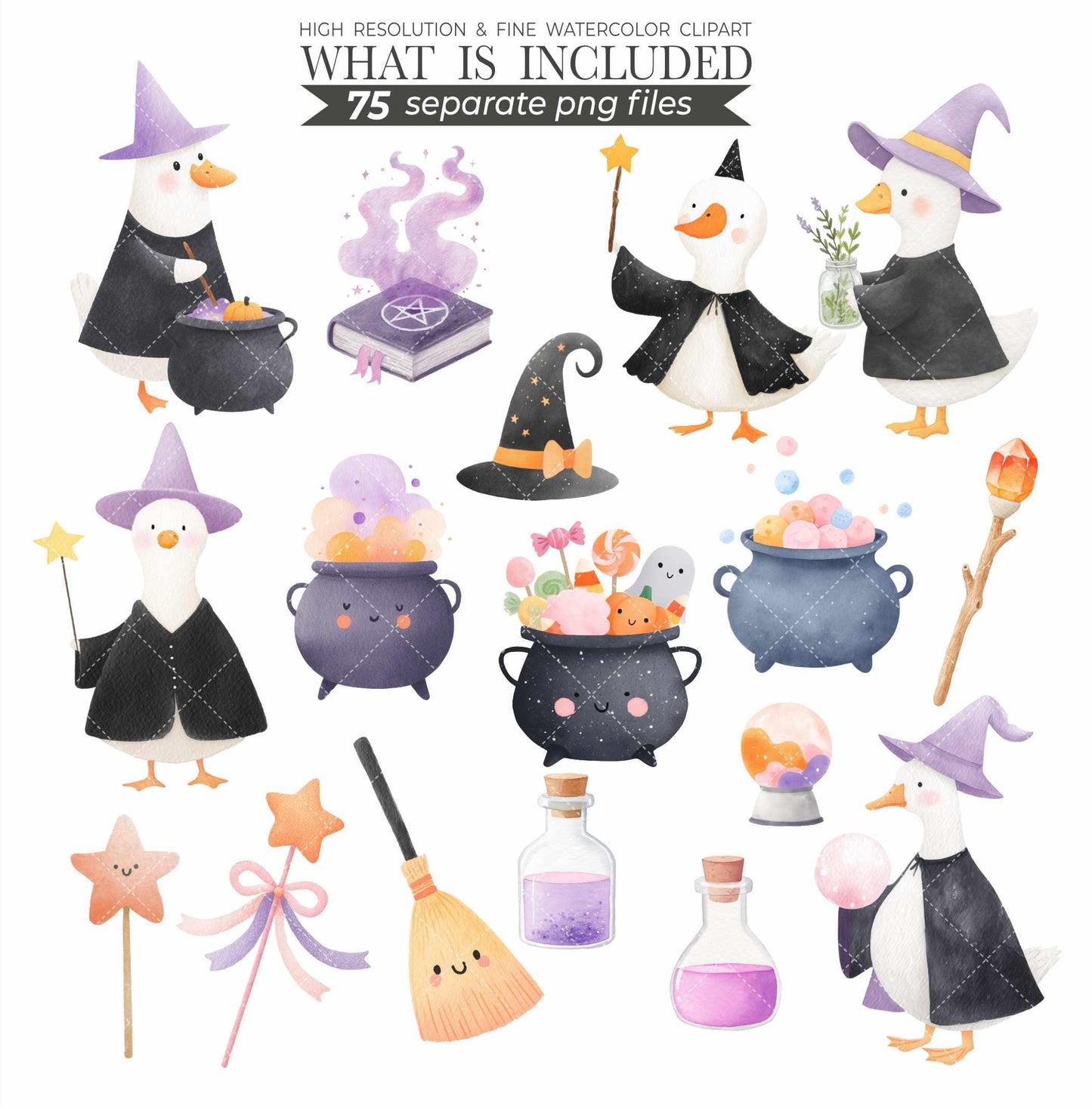 Witchy Goose Halloween Clipart Set: Pastel Costume Parade (PNG Files, Digital Download