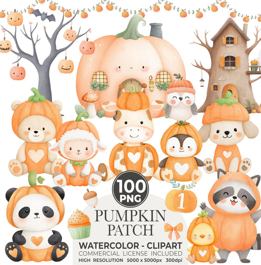 Watercolor Pumpkin Patch Animal Clipart: Fall Harvest PNG (Commercial Use, Digital Download)