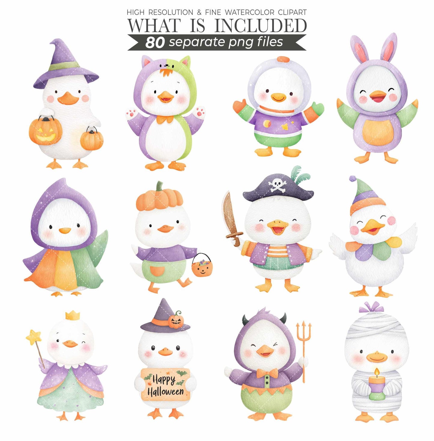 Watercolor Halloween Goose Clipart Set, Cute Spooky Geese PNG, Halloween Animals Clipart, Silly Goose Clipart, Whimsical Baby Shower Digital