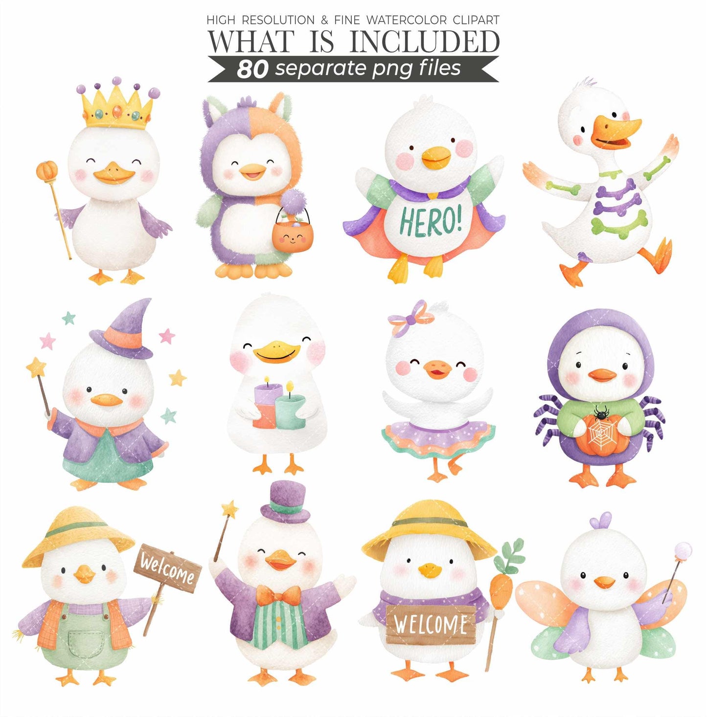 Watercolor Halloween Goose Clipart Set, Cute Spooky Geese PNG, Halloween Animals Clipart, Silly Goose Clipart, Whimsical Baby Shower Digital