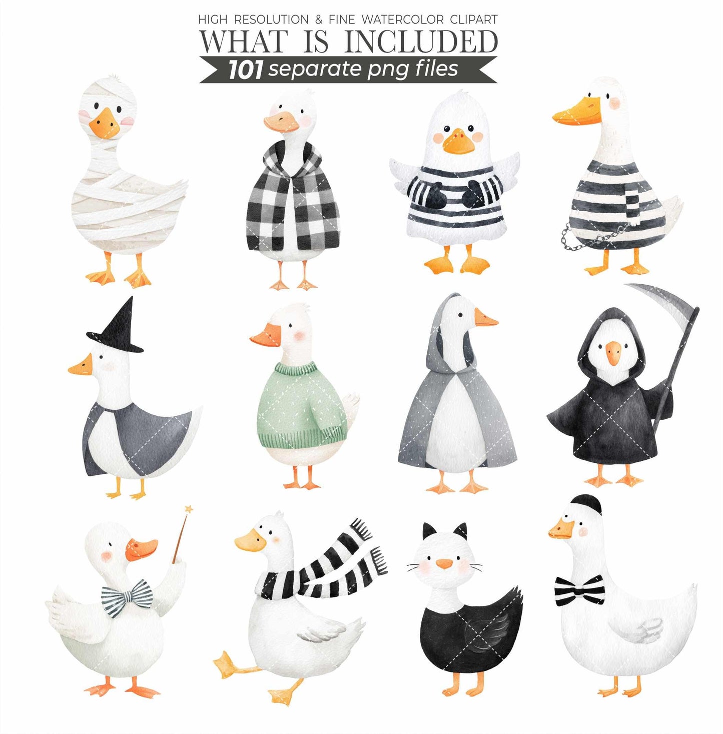 Watercolor Halloween Goose Clipart Set, Cute Spooky Geese PNG, Halloween Animals Clipart, Silly Goose Clipart, Whimsical Baby Shower Digital