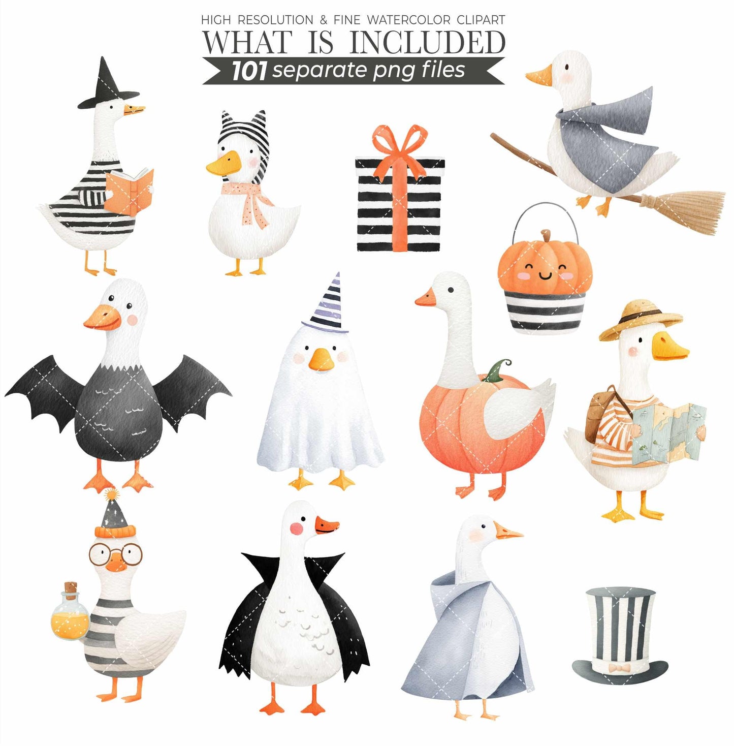 Watercolor Halloween Goose Clipart Set, Cute Spooky Geese PNG, Halloween Animals Clipart, Silly Goose Clipart, Whimsical Baby Shower Digital