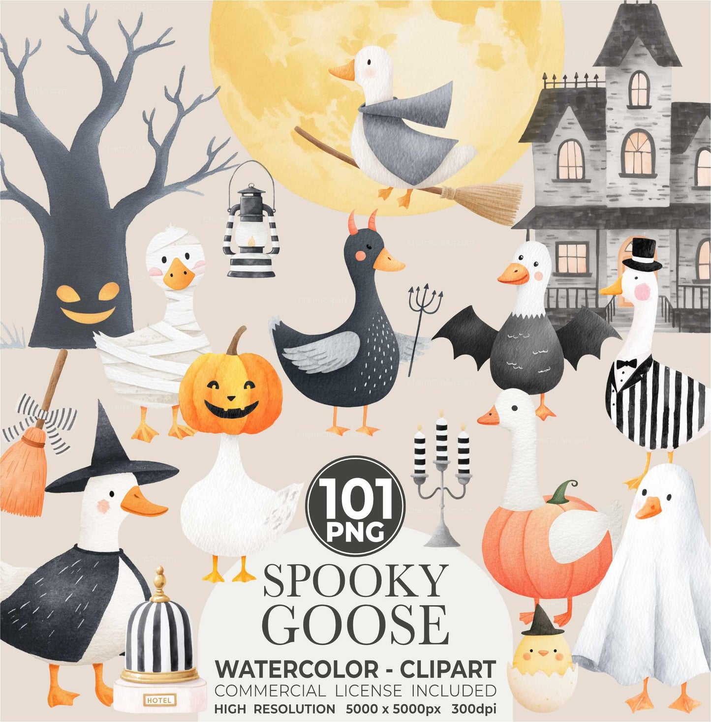 Watercolor Halloween Goose Clipart Set, Cute Spooky Geese PNG, Halloween Animals Clipart, Silly Goose Clipart, Whimsical Baby Shower Digital
