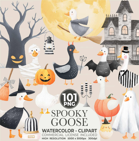 Watercolor Halloween Goose Clipart Set, Cute Spooky Geese PNG, Halloween Animals Clipart, Silly Goose Clipart, Whimsical Baby Shower Digital