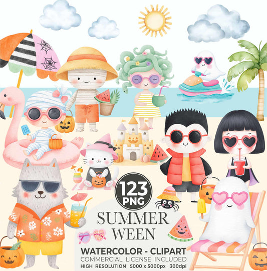 Summerween png, Halloween Clipart, Spooky Season png, Cute Ghost Clipart, Trick or Treat png, Spooky summer, Cute Creepy Art, Commercial Use