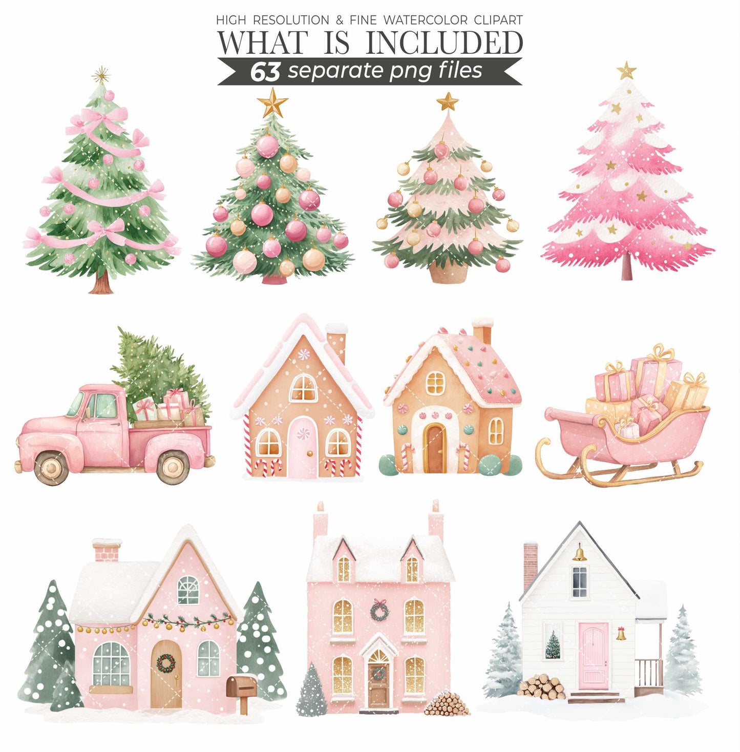 Blush Christmas Clipart: Watercolor Santa, Reindeer, Snowman (126 PNGs) (Commercial Use)