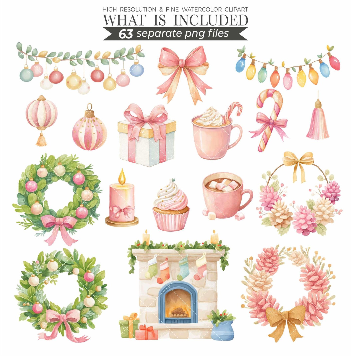 Blush Christmas Clipart: Watercolor Santa, Reindeer, Snowman (126 PNGs) (Commercial Use)