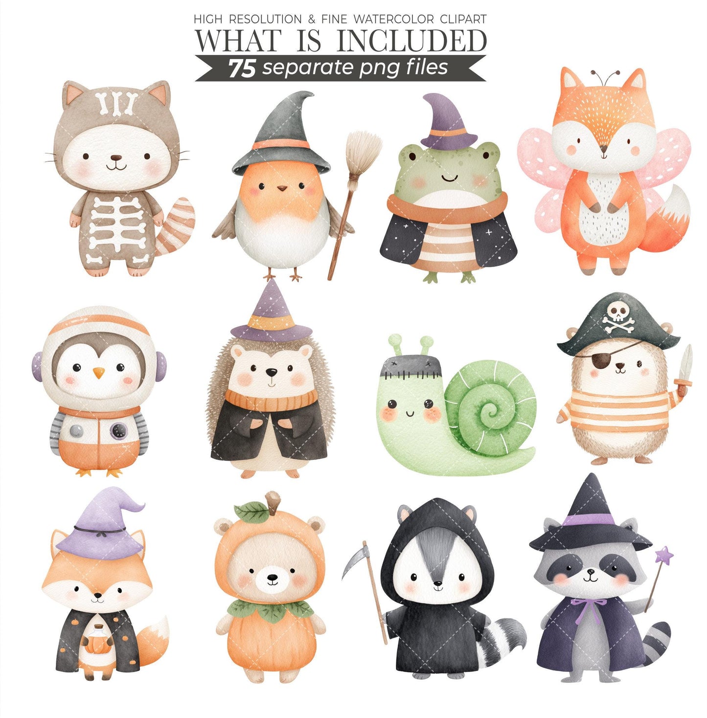 Halloween Woodland Animals Clipart: Watercolor Nursery Art (Digital Download)