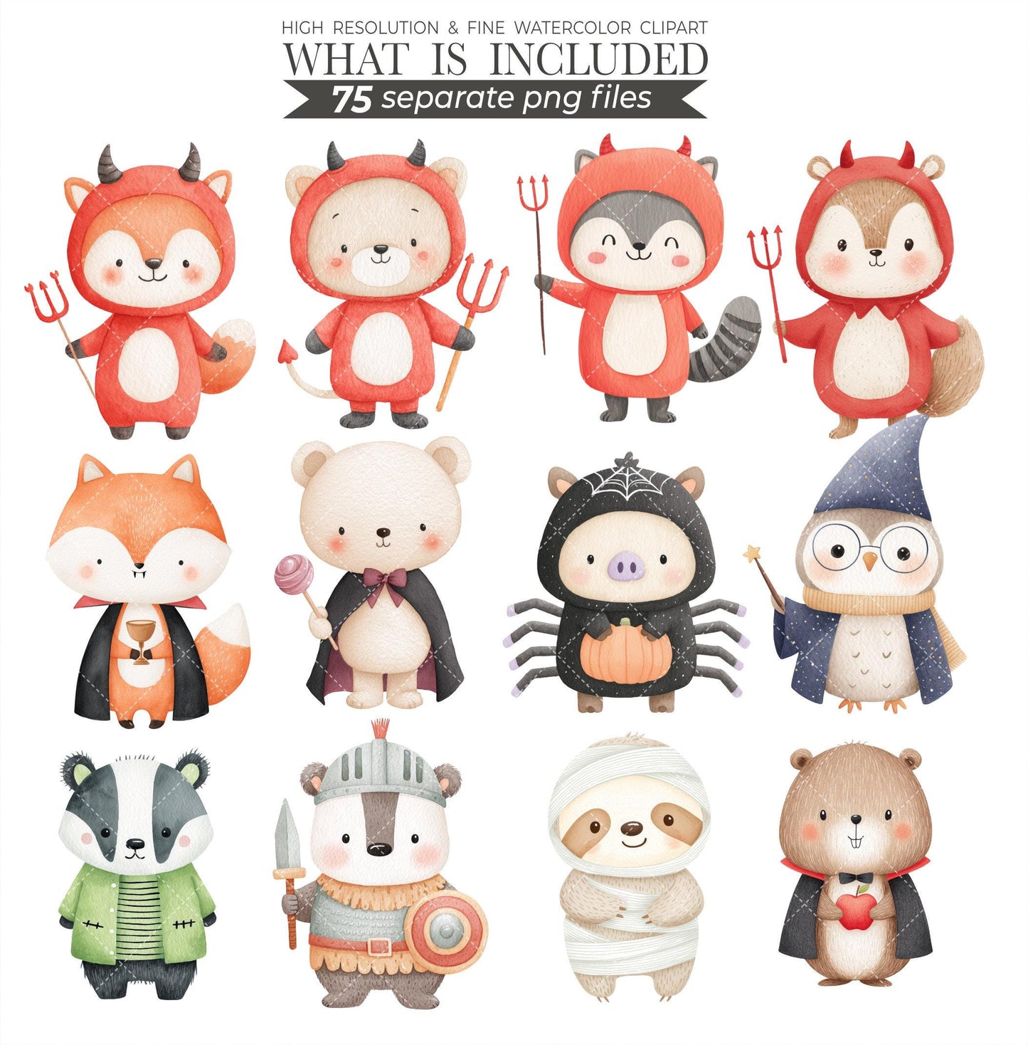 Halloween Woodland Animals Clipart: Watercolor Nursery Art (Digital Download)