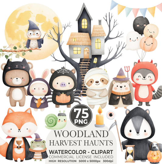 Halloween Woodland Animals Clipart: Watercolor Nursery Art (Digital Download)