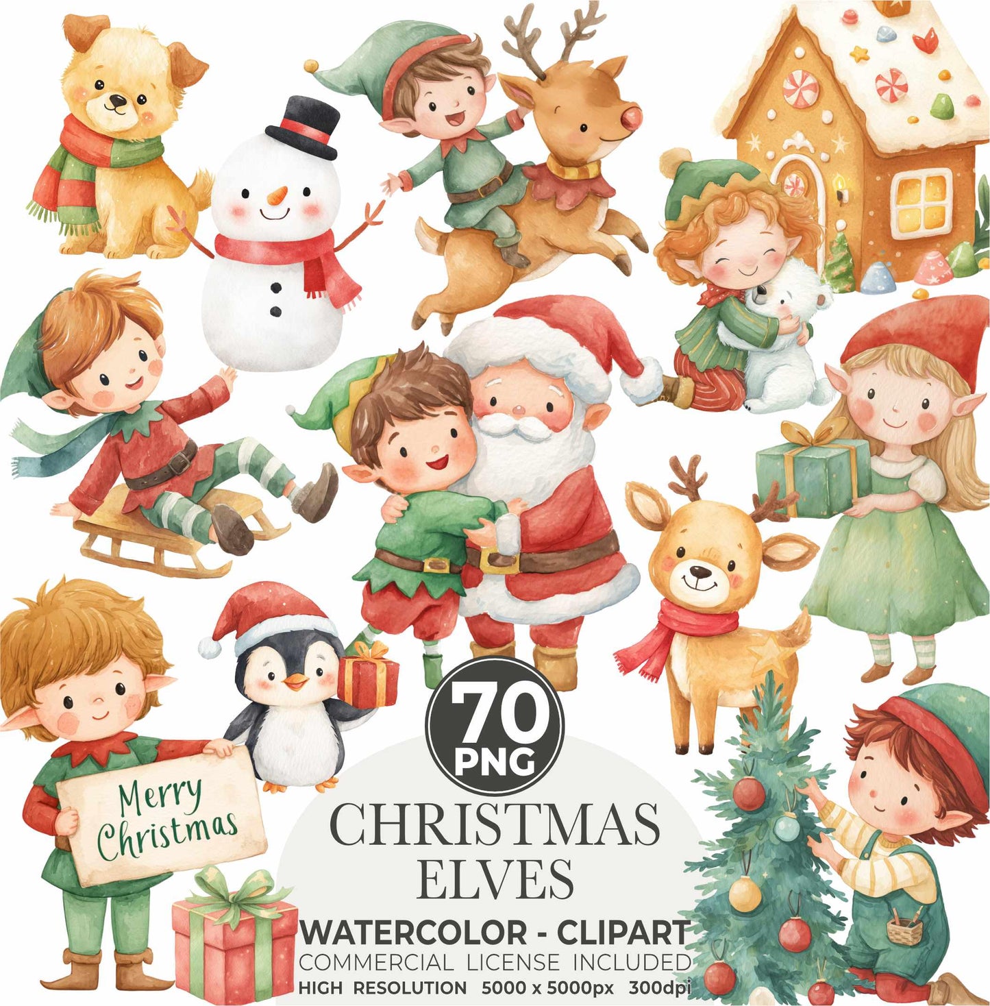 Christmas Elf Watercolor Clipart: Holiday PNG Images (Digital Download, Commercial Use, 140 Files)