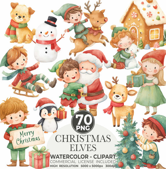 Christmas Elf Watercolor Clipart: Holiday PNG Images (Digital Download, Commercial Use, 140 Files)