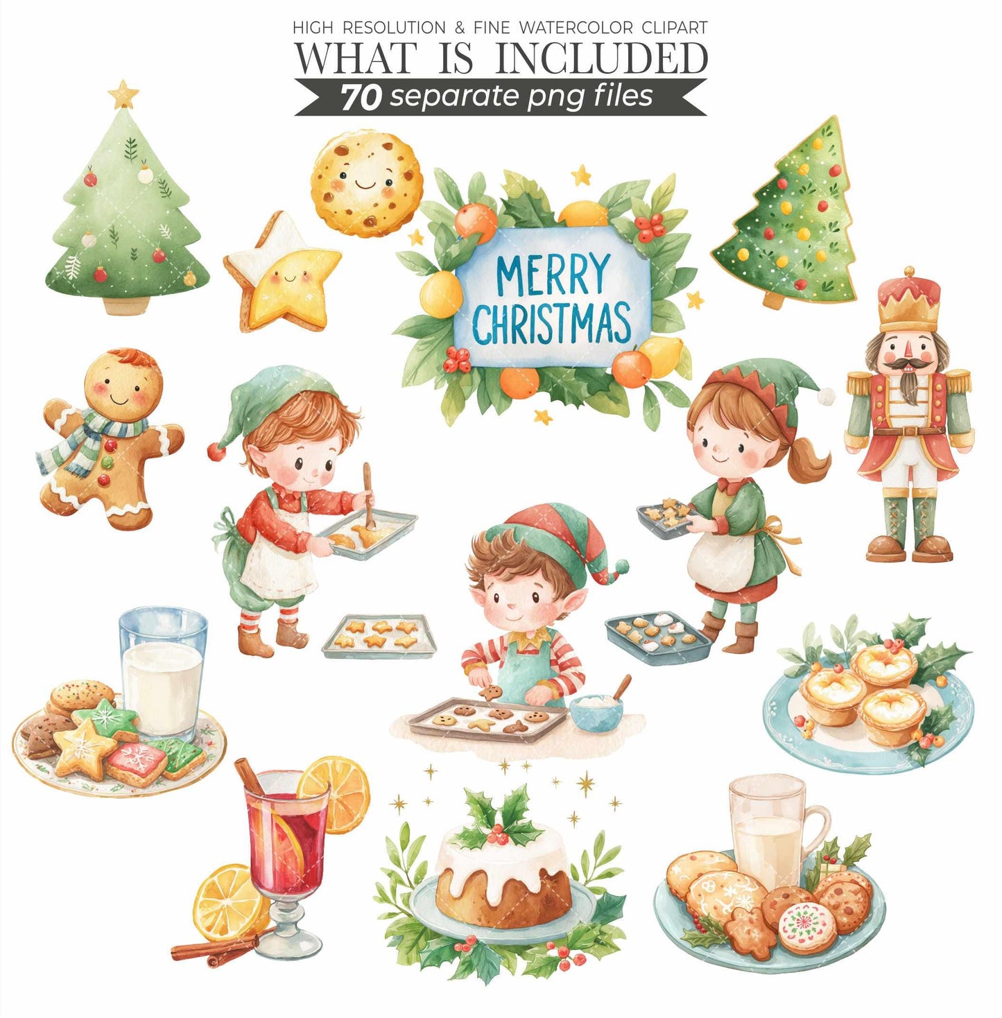 Christmas Elf Watercolor Clipart: Holiday PNG Images (Digital Download, Commercial Use, 140 Files)
