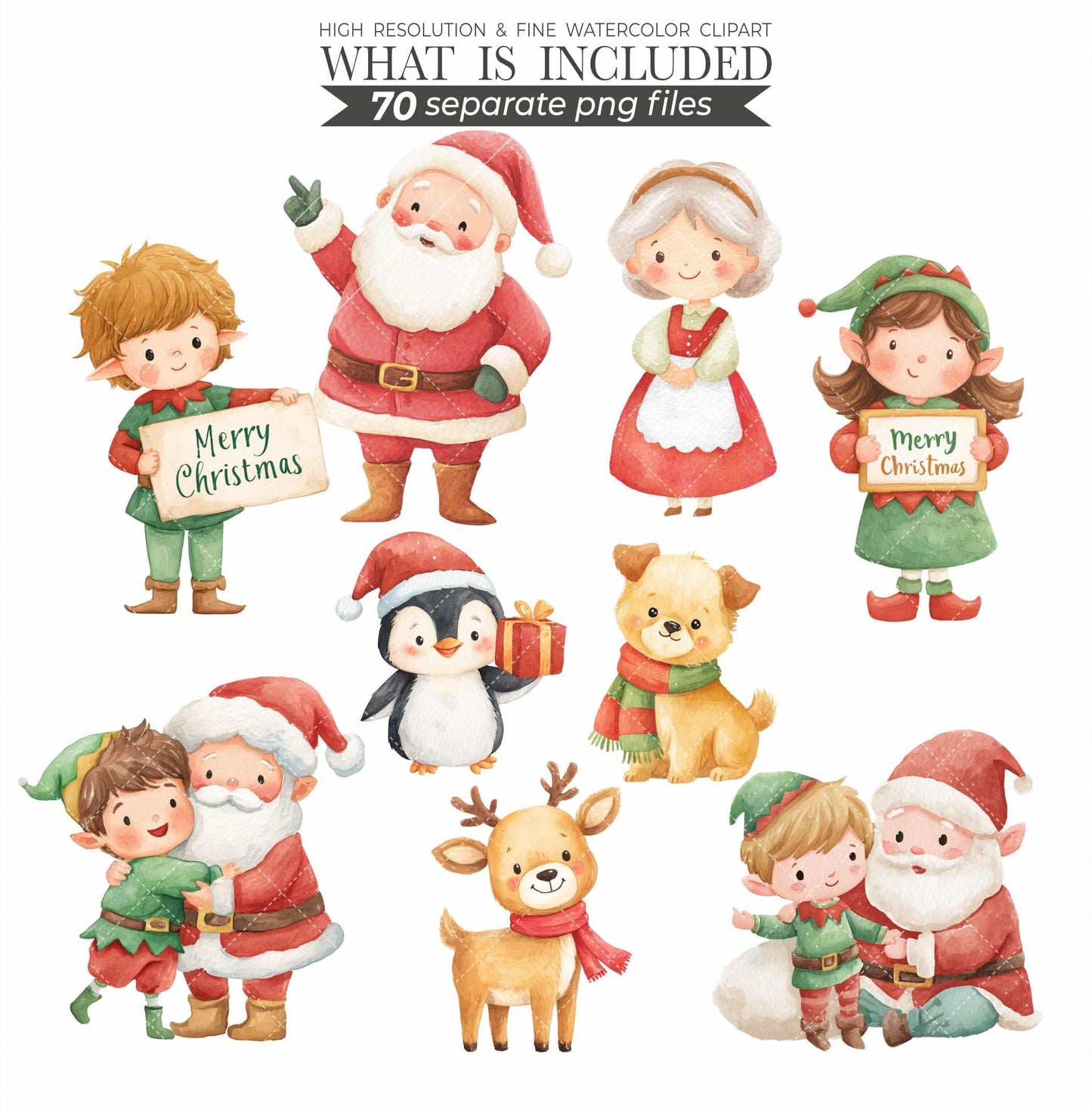 Christmas Elf Watercolor Clipart: Holiday PNG Images (Digital Download, Commercial Use, 140 Files)