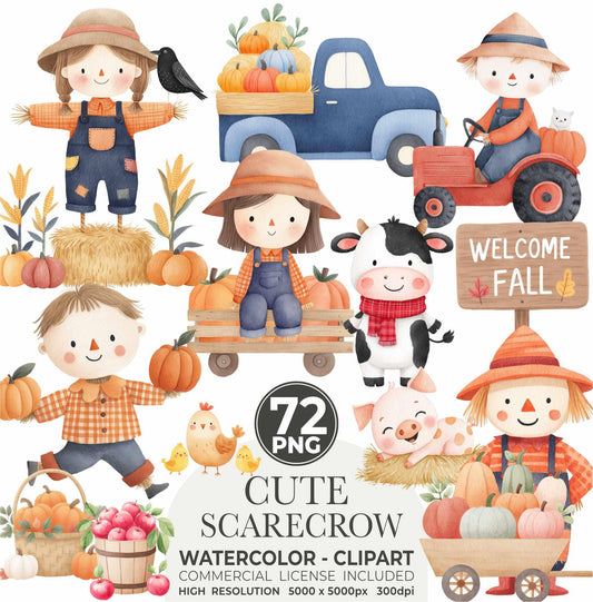 Watercolor Scarecrow Clipart Set: Fall Harvest Illustrations (PNG Files, Commercial Use)