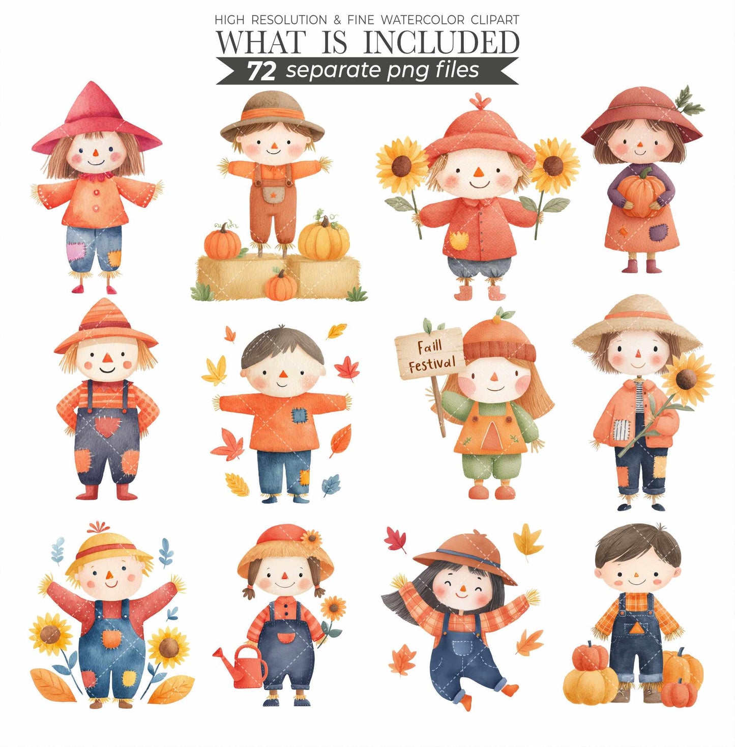 Watercolor Scarecrow Clipart Set: Fall Harvest Illustrations (PNG Files, Commercial Use)